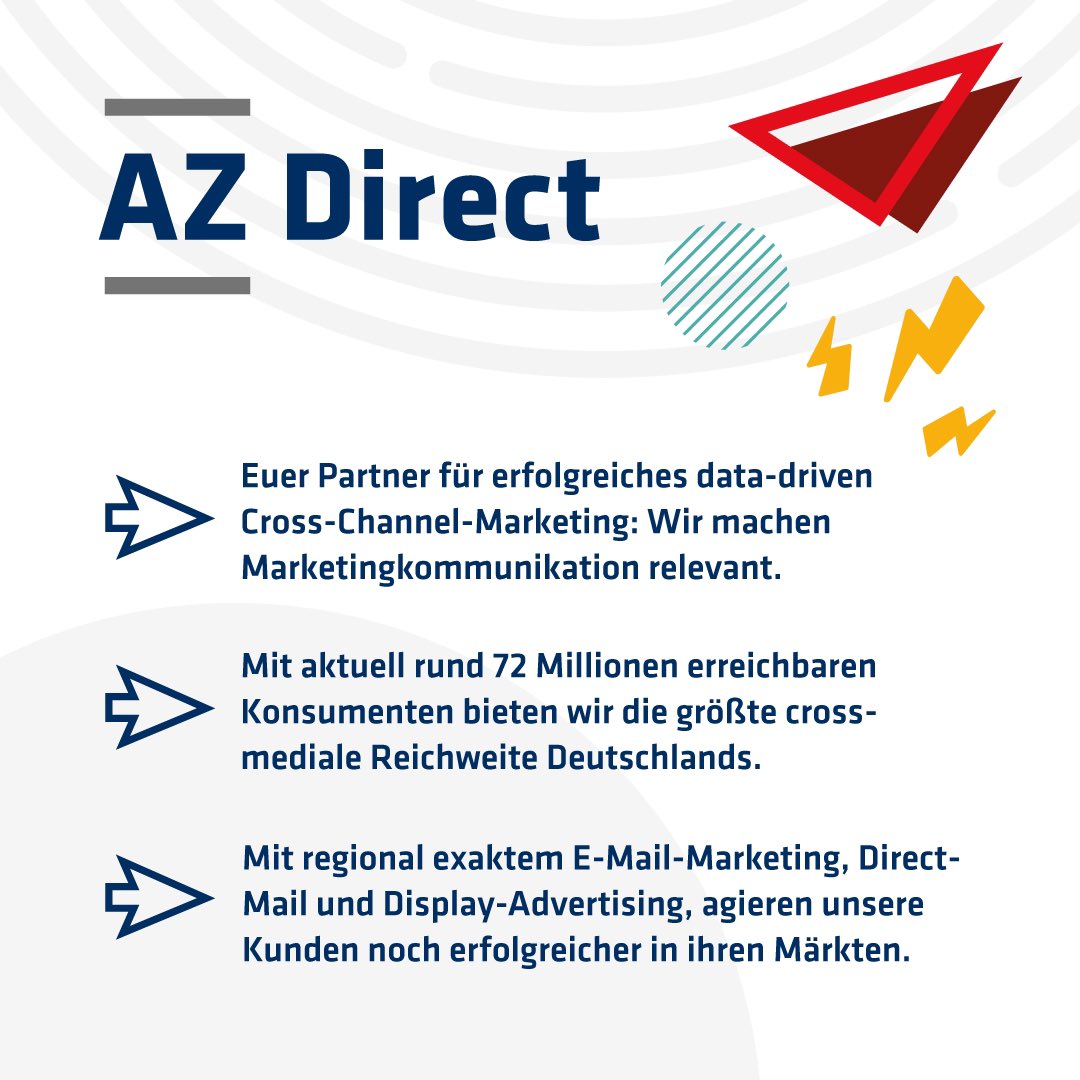 Unsere #CustomerJourney-Experten auf der #OMR22 vorgestellt!
 
Trefft die <a href="/DirectAz/">AZ Direct - part of Bertelsmann Marketing Services</a> in der DIALOG AREA am Stand D16-D19 &amp; erfahrt, wie wir datenbasiert bei der intelligenten Verbindung der Online- &amp; Offline-Welten unterstützen können.
 
Hier mehr erfahren: bertelsmann-printing-group.com/aktuelles/omr/