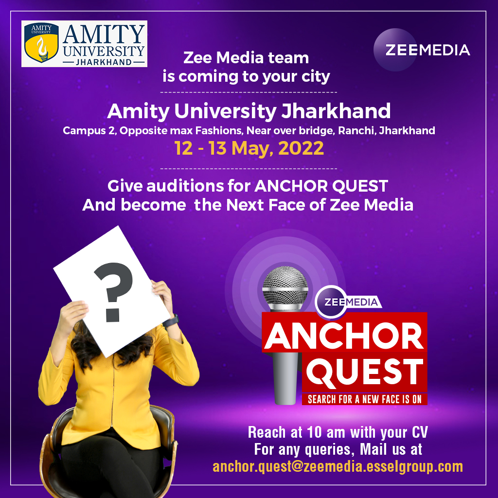 ZeeNewsEnglish's tweet photo. We are coming to Amity University, Jharkhand
On 12th &amp; 13th May, 10 am
In search of the Next Face of ZEE Media
Be there! https://t.co/cQaicySRcw