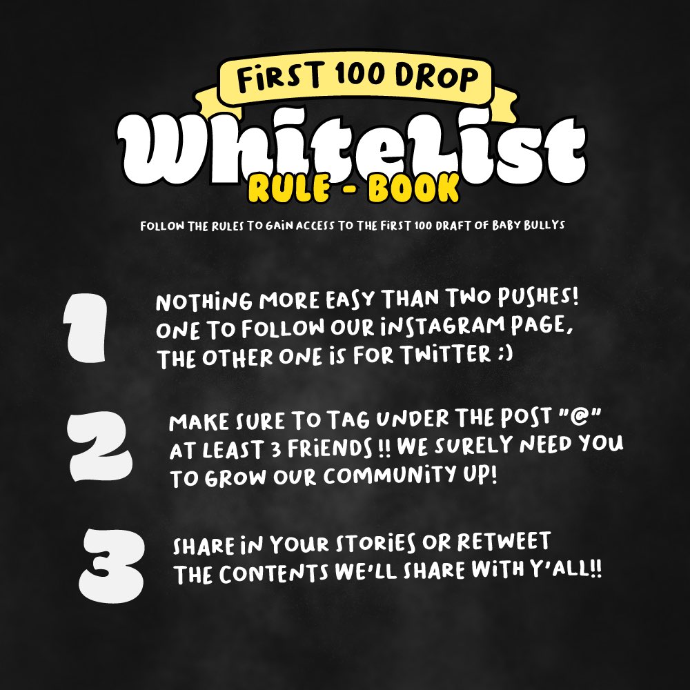 babybullynft's tweet photo. 🤍WHITELIST IS OPEN!🤍
Follow the rules to gain access to the first 100 draft of Baby Bullys.

🥇 FOLLOW THE MAIN SOCIAL PAGES (Instagram &amp; Twitter)
🥈TAG 3 FRIENDS - Make sure they’re interested in NFTs 😉
🥉REPOST or RETWEET the contents we’ll share with you!

#NFT #NFTGiveaway https://t.co/ZBJ0NItyWP