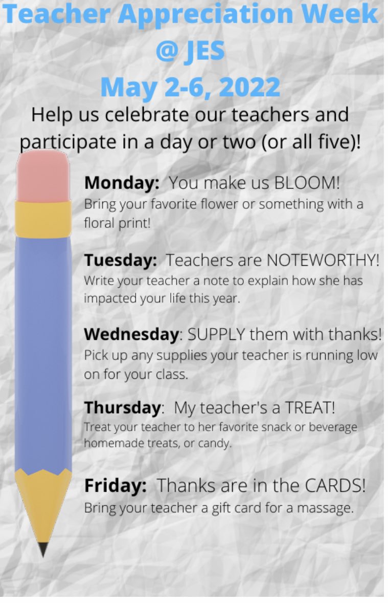 JeffersonAveES's tweet photo. Jefferson families, please help us celebrate our fabulous teachers this week!!! https://t.co/w97vNYmFu2