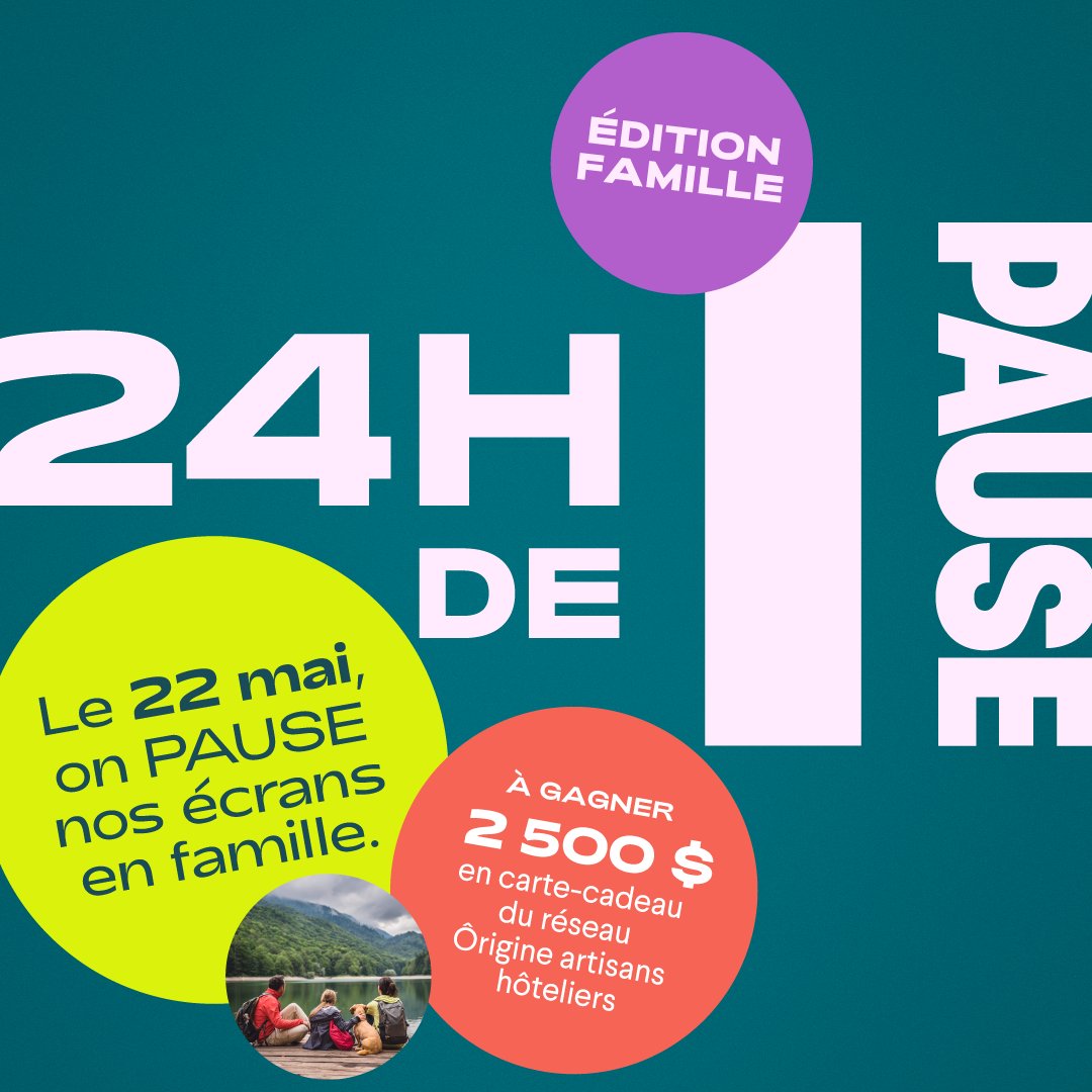 Le 24h de PAUSE en famille pour relaxer ou faire des activités ensemble qu’on aime…loin des écrans ! Venez vivre le 22 mai une expérience unique de déconnexion, avec le soutien de @GouvQC. 
👉Plus d'infos: bit.ly/3MIq1jk