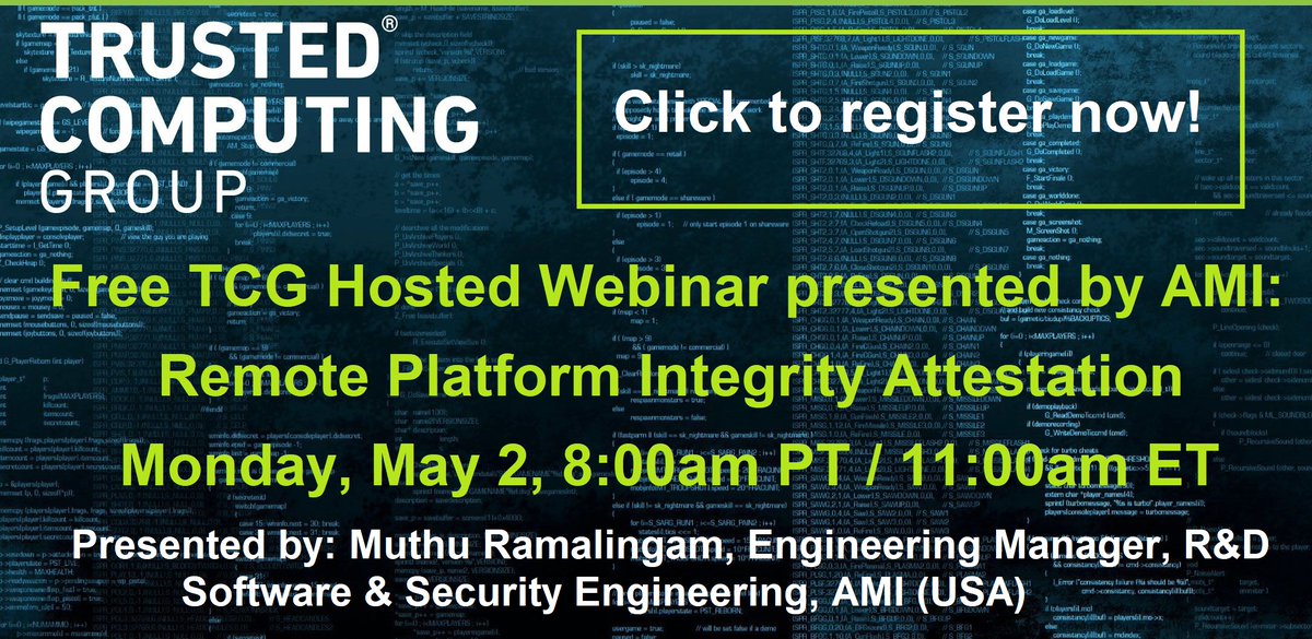TrustedComputin's tweet image. Today, join us for a webinar with AMI on remote platform integrity attestation.
Hear how AMI’s TruE® Platform can be used for remote platform integrity attestation.
Sign up now for free: bit.ly/3rFO6ij
#trustedcomputing #attestation