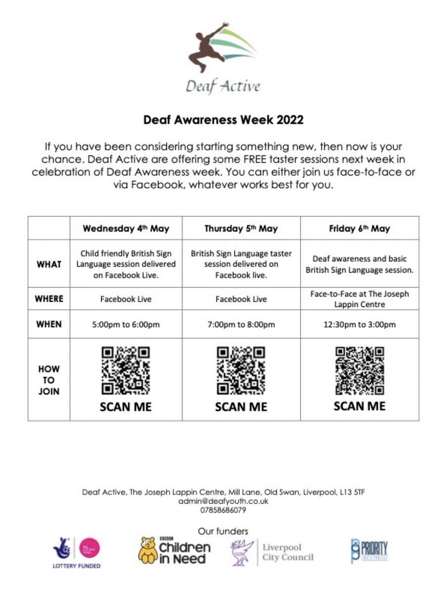 AHAudiology's tweet photo. This week is #DeafAwarenessWeek. Deaf Active are putting on some free taster sessions online and face to face this week. Have a look at how to sign up🦻🏼 https://t.co/cymTdzy1wr
