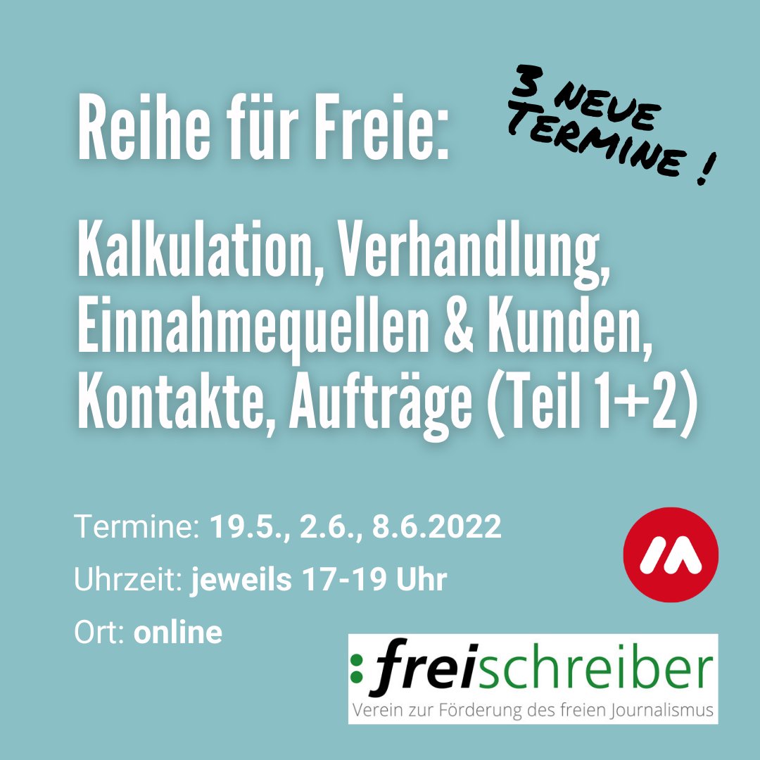 🎉 Es geht wieder weiter: Neue Termine für die "Reihe für Freie"🤗

✍️ In Kooperation mit <a href="/FreischreiberAT/">Freischreiber:innen AT</a> unterstützen wir insbesondere freie JournalistInnen!

🔥 In 3 Input-Terminen mit fantastischen Vortragenden lernst du für deine Zukunft.

#thread 1/2 @BenjBreitegger