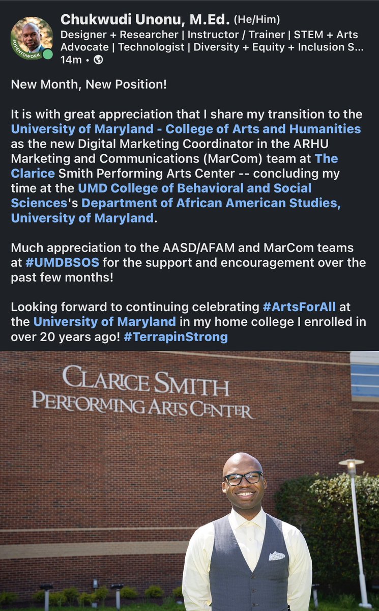 nigerianlib's tweet photo. New Month, New Position!
https://t.co/WqFqEETvKC
#May2022 #ArtsForAll #ARHU #UMDARHU #TheClarice #CSPAC https://t.co/vak5aH8MxO