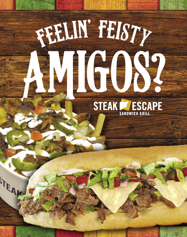 steakescape's tweet photo. Festive favorites are here to celebrate Cinco de Mayo - steak, jalapeños, Mexican seasonings, pico de gallo, &amp; sour cream all on our bread or fresh-cut fries.¿Comó se dice "tasty"?
In May, stop by with your amigos and get $1.00 OFF our Feisty Amigo sub or fries. Show at checkout! https://t.co/fbUrOWVWyH