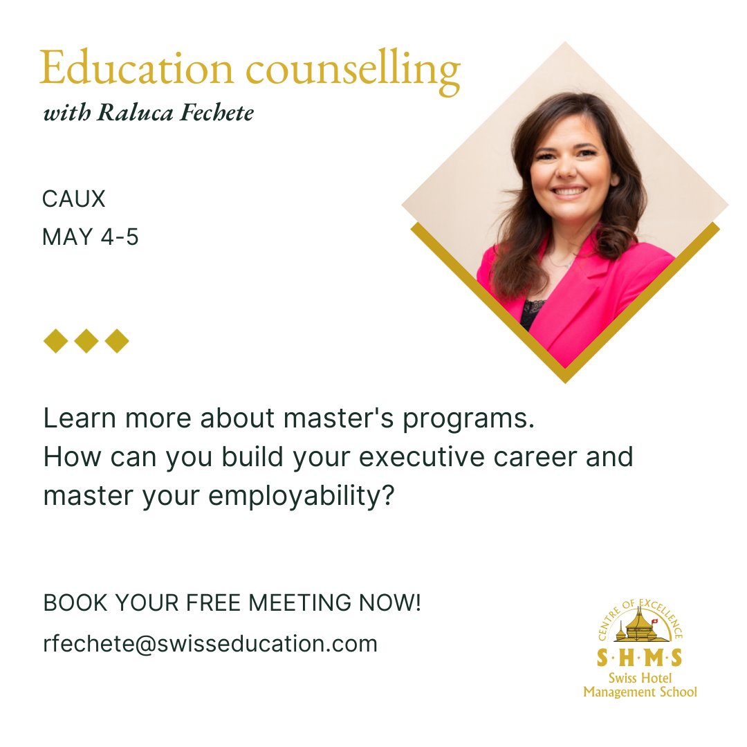SwissEducationGroup (@swissedu) on Twitter photo Wondering how to build your executive career? 📈
If you're an SEG student, Raluca Fechete, Head of Education Counselling, is here to help!
👉 Book your meeting now: rfechete@swisseducation.com
#masterprogram #counseling #shms #swisseducated #swisseducationgroup Wondering how to build your executive career? 📈
If you're an SEG student, Raluca Fechete, Head of Education Counselling, is here to help!
👉 Book your meeting now: rfechete@swisseducation.com
#masterprogram #counseling #shms #swisseducated #swisseducationgroup