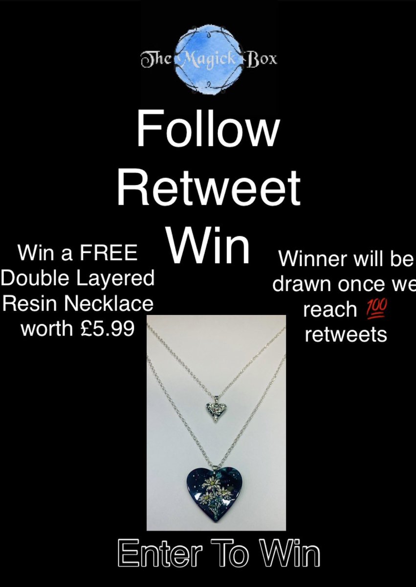The Magick Box (@kirstymagickbox) on Twitter photo Follow <a href="/kirstyMagickBox/">The Magick Box</a> and #retweet for your chance to win 🏆
Winner will be drawn once we reach 💯 retweets
#Competition #win #entertowin #freenecklace #follow #RETWEEET #jewellery #uniquegifts #SmallBusiness #smallbusinessscotland #inittowinit #handmade #supportsmallbusiness Follow <a href="/kirstyMagickBox/">The Magick Box</a> and #retweet for your chance to win 🏆
Winner will be drawn once we reach 💯 retweets
#Competition #win #entertowin #freenecklace #follow #RETWEEET #jewellery #uniquegifts #SmallBusiness #smallbusinessscotland #inittowinit #handmade #supportsmallbusiness
