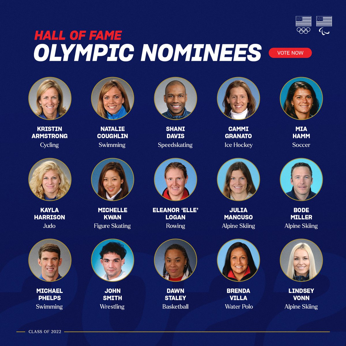Meet the 1⃣5⃣ Olympians nominated for the U.S. Olympic &amp; Paralympic Hall of Fame, Class of 2022. 🇺🇸

Vote Now: go.teamusa.org/TUSAHOF

#TeamUSAHOF
