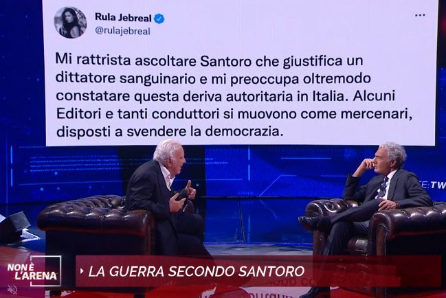 rulajebreal's tweet photo. La pace che chiede Santoro, quella per la quale non dorme più (figuriamoci i civili barricati nei bunker), è una pace per se stesso. Lui vuole resa dell’🇺🇦 che significa legittimare la mano armata del criminale Putin.
Abbandonare un popolo che viene sterminato, non si chiama pace https://t.co/GZd27WtlO1