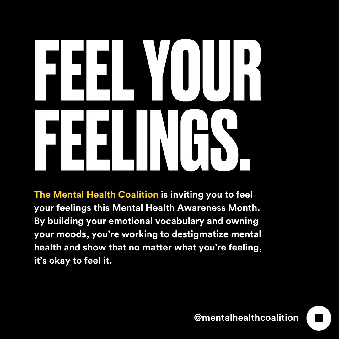 mentalhealthcln's tweet photo. Happy #MentalHealthAwarenessMonth! This May, we're focused on feelings: identifying them, sharing them, and most importantly, FEELING them. https://t.co/2H4c1QrokF