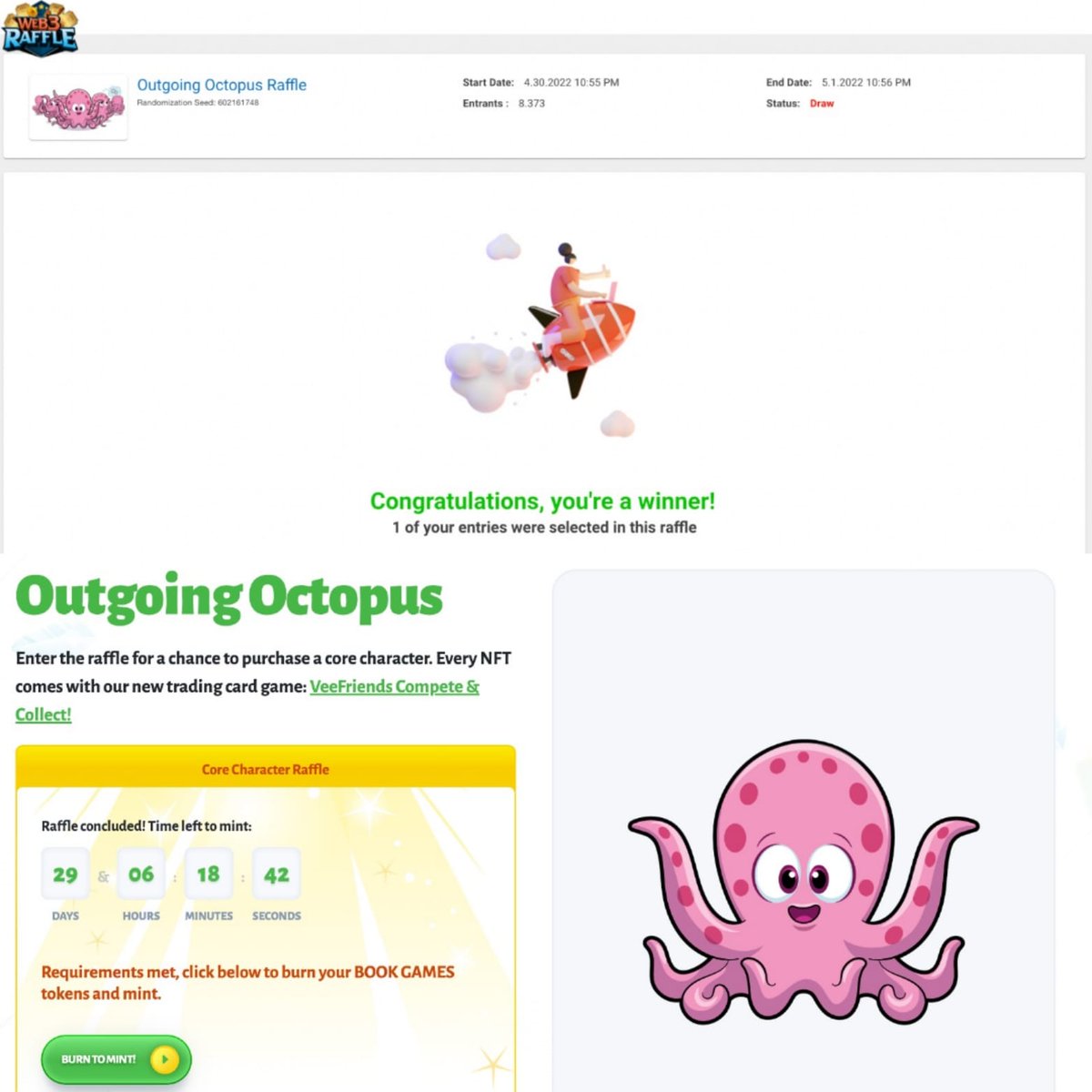 manolitolicha's tweet photo. 1:39 or 2.6% chance - woke up to that raffle today on my birthday. first gift and best gift after all the wonderful people around ... speechless and honored to burn for my 3rd VF - i love him already =) @garyvee @veefriends #Veefriends #outgoingoctopus #beatingtheodds https://t.co/Vgo1m2eCeU