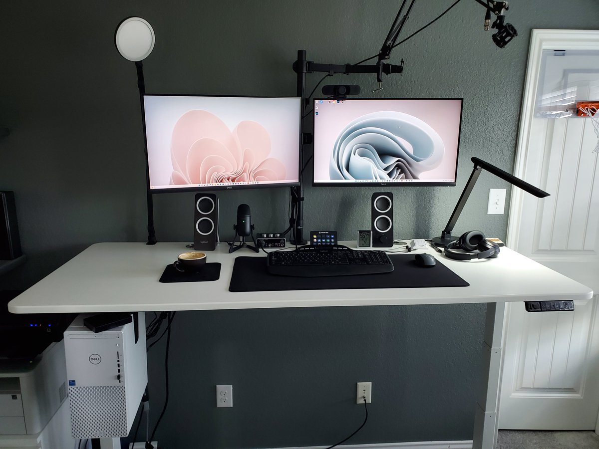 My work desk is constantly evolving.

Just installed a desktop mount to clean up the look.

For the next iteration I want to install some <a href="/Ergotron/">Ergotron</a> monitor arms.