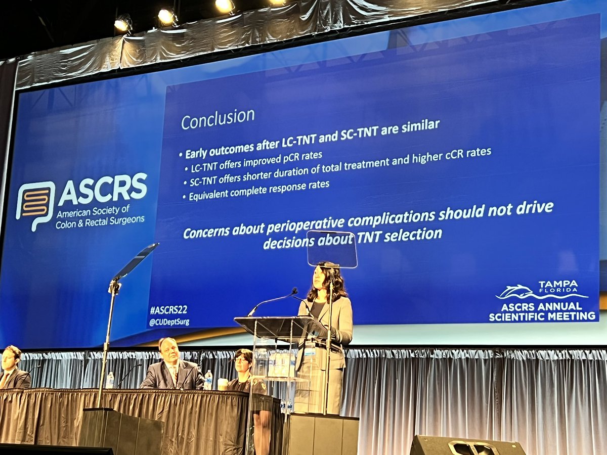 Our very own Amber Moyer presenting at THE BEST OF THE BEST Rectal Cancer Abstract session at #ASCRS22 Early outcomes of LC-TNT and SC-TNT are similar @CUDeptSurg @BrandonCChapman