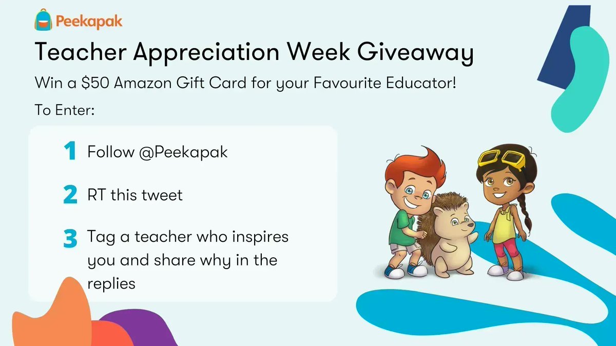 Peekapak's tweet photo. Is there an educator who's made an impact in your life and you want to thank?
Nominate them for #TeacherAppreciationWeek for a chance to win a $50 Amazon card!
1. Follow @Peekapak
2. RT this tweet
3. Tag them in the replies & share their impact ๐
#thankateacher #teachertwitter https://t.co/w6AIDRCWPS