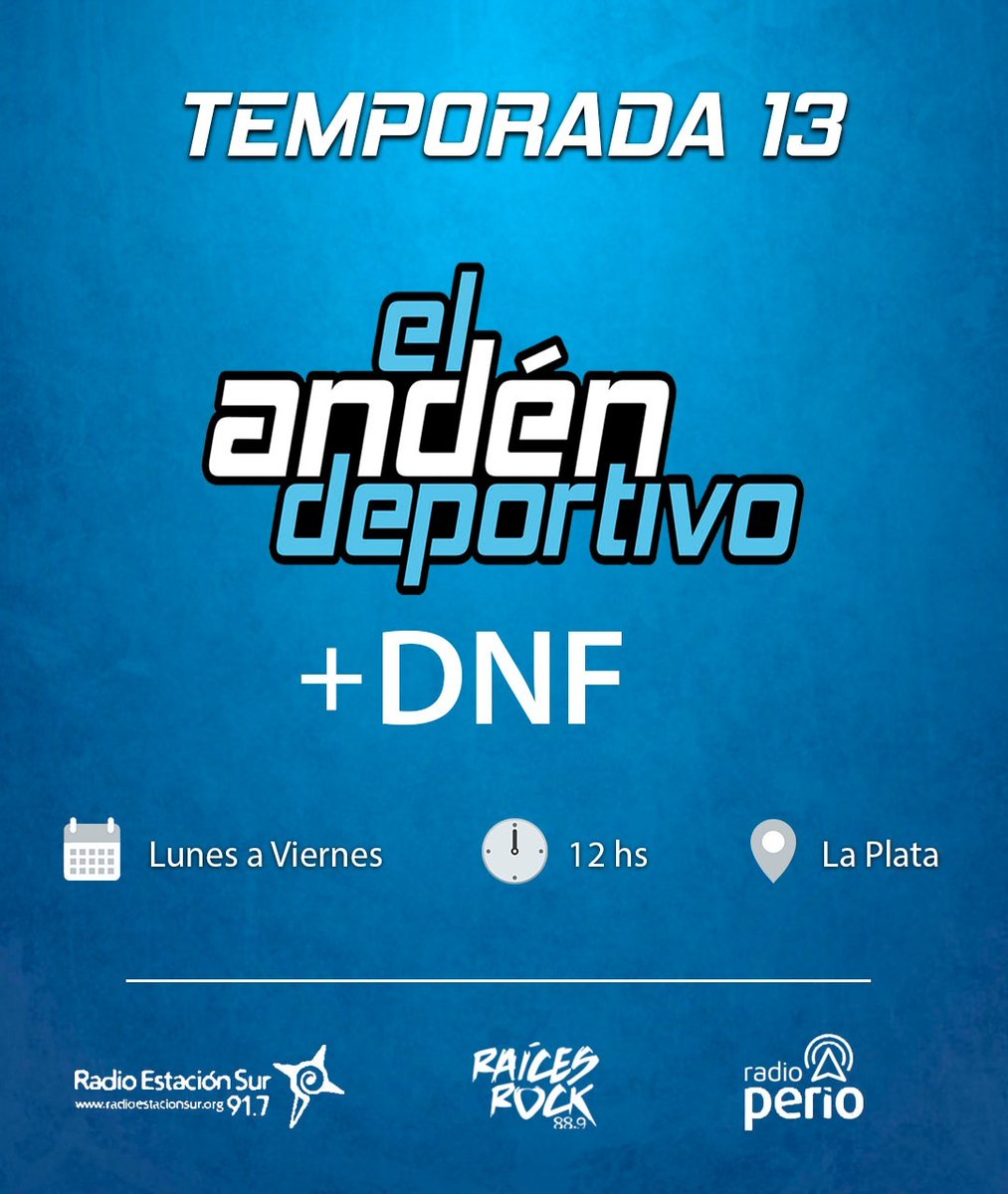 Hoy.... largamos la fusión del deporte nacional y el regional. A partir de las 12hs. <a href="/Andendeportivo/">El Andén Deportivo</a> y <a href="/DondeNace/">DondeNaceElFutbol</a> lo escuchas por la 88.9

Además a partir de hoy también nos podes escuchar por <a href="/EstacionSur917/">Radio Estación Sur</a>