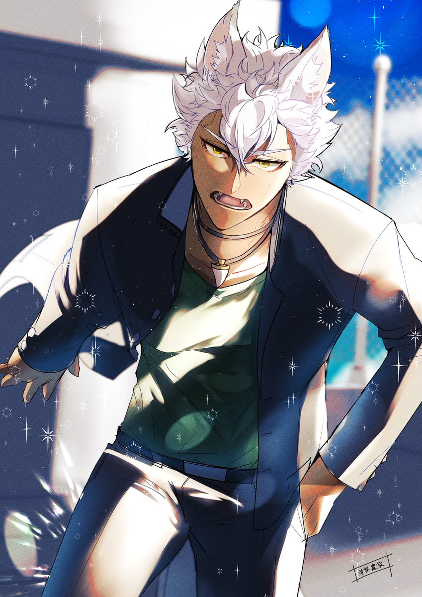 1boy male focus animal ears white hair solo wolf ears jacket  illustration images