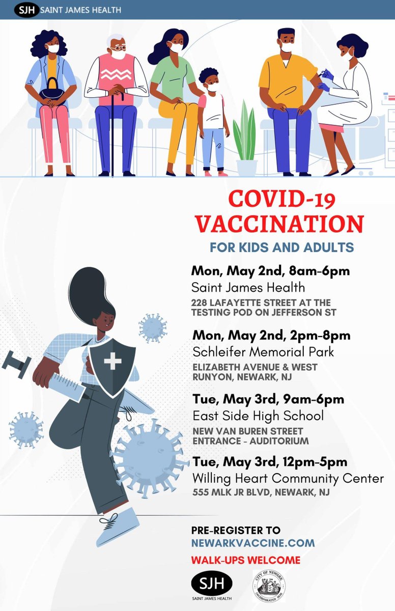 SWPN_Newark's tweet photo. In partnership with @RWJBarnabas, this week's covid vaccination schedule for children and adults is out! Please see below. #newarksafe #safetogether
vaccine schedule week of 5/2/22 https://t.co/xhDxxPxT7F