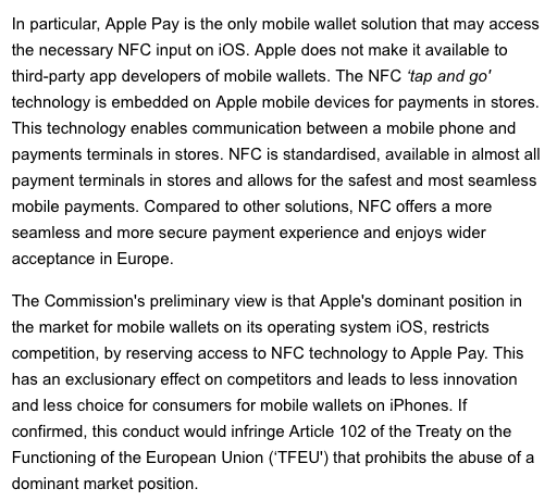 Breaking News! Comisión Europea acusa a Apple por abuso de posición dominante, al negar acceso a competidores a tecnología estándar para pagos sin contacto con teléfonos, con el fin de privilegiar Apple Pay, afectando el mercado de Wallets en iOS. ec.europa.eu/commission/pre…