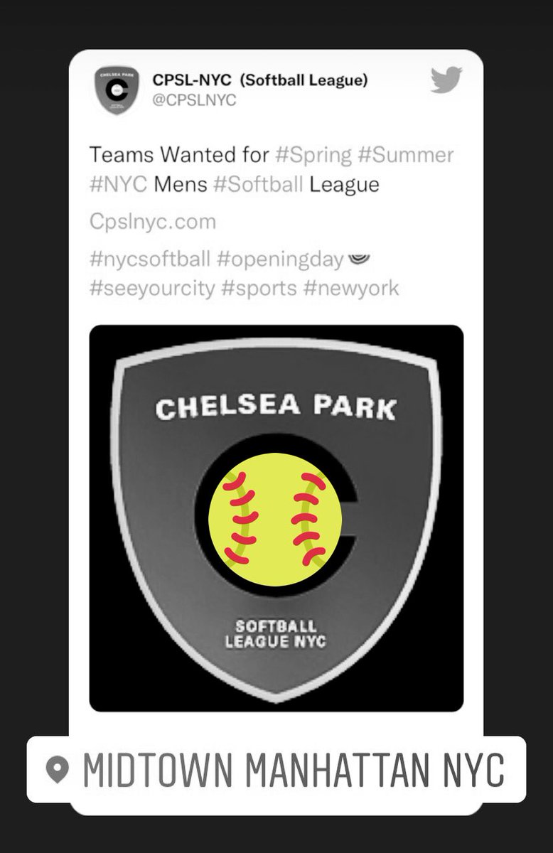 CPSLNYC's tweet photo. Teams Wanted for #Summer
#NYC Mens #Softball League

Interested Parties DM or Email:

ChelseaSoftballNYC@gmail.com

Subject:New Team Entry

Checkout out our website
https://t.co/cdT8HTPSSj

#Sponsors #Teams #Players Wanted
 
#nycsoftball #openingday  #seeyourcity #sports #newyork https://t.co/kTG7RFMEfg