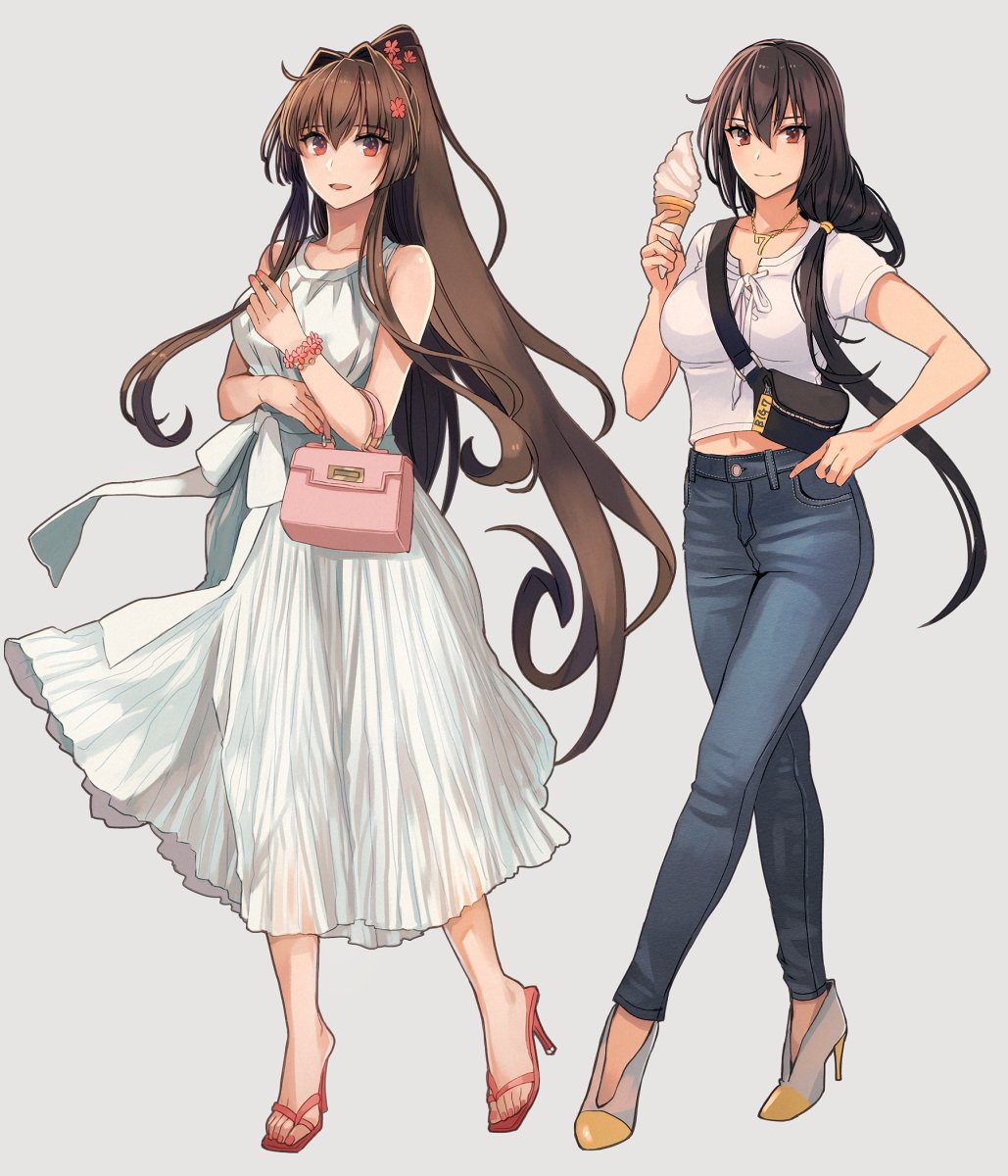 nagato (kancolle) ,yamato (kancolle) multiple girls 2girls long hair high heels pants dress black hair  illustration images