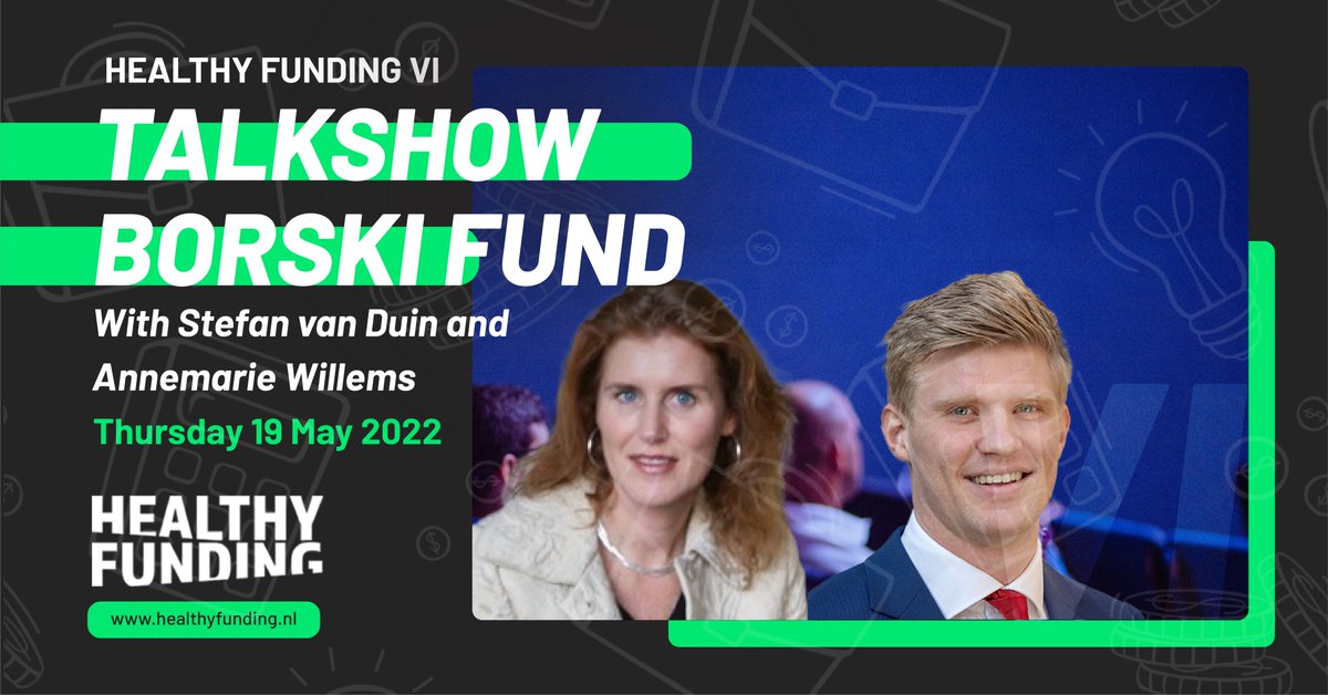 On May 19 Healthy Funding VI will take place. We will start with Stefan van Duin from Borski Fund and Annemarie Willems from <a href="/Prolira_ds/">Prolira - DeltaScan 🧠</a> talking about female entrepreneurship and venture capital investments in startups! Interested? Register now: healthyfunding.nl!