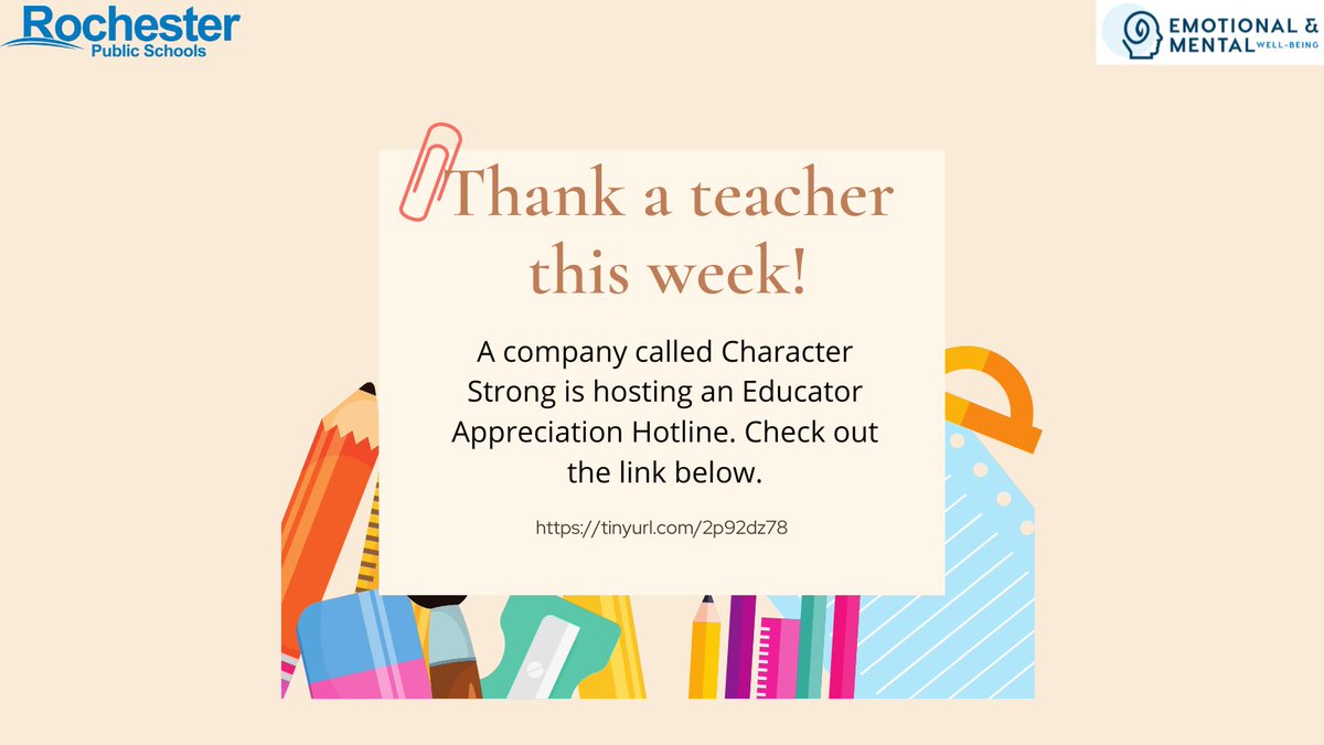 Thank a teacher this week!

A company called Character Strong is hosting an Educator Appreciation Hotline. Check out the link below.

tinyurl.com/2p92dz78
