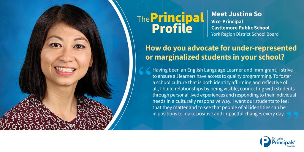Meet the next participant in our Principal Profile series! Justina So from the <a href="/YRDSB/">York Region DSB</a> advocates for under-represented &amp; marginalized students in her school. #OPCLeadLearn