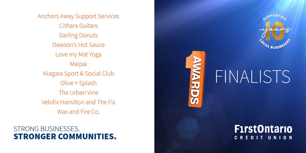 FirstOntarioCU's tweet photo. Congratulations to the 2022 FirstOntario #1Awards finalists: Niagara Sport &amp; Social Club, @LoveMyMat, @oliveandsplash, Maipai, @VelofixHamilton, Darling Donuts, The Urban Vine Inc., @dawsonshotsauce, @waxandfireco, Anchors Away Support Services Inc., @CitharaGuitars https://t.co/gFhakPTYC9
