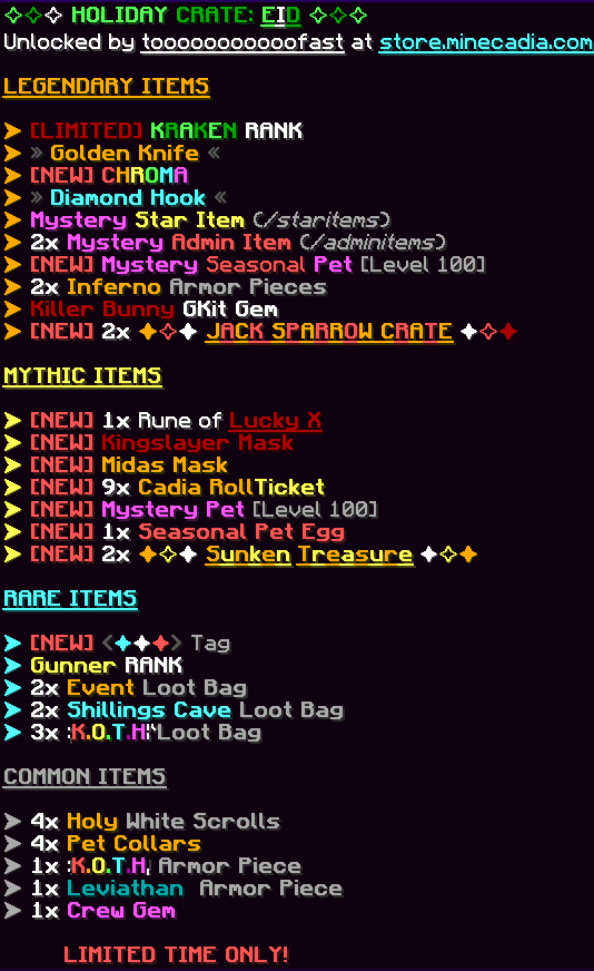 PlayMinecadia's tweet photo. The Holiday Crate (Eid) has officially been released on the Minecadia store! 🏴‍☠️ 

In celebration, we'll be giving away the following: 
🐣 1x Eid Crates
🐣 2x Eid Crates
🐣 12x Cadia Tickets

Follow us, Retweet, and Like to enter! 💛 https://t.co/WviNL7Wud3