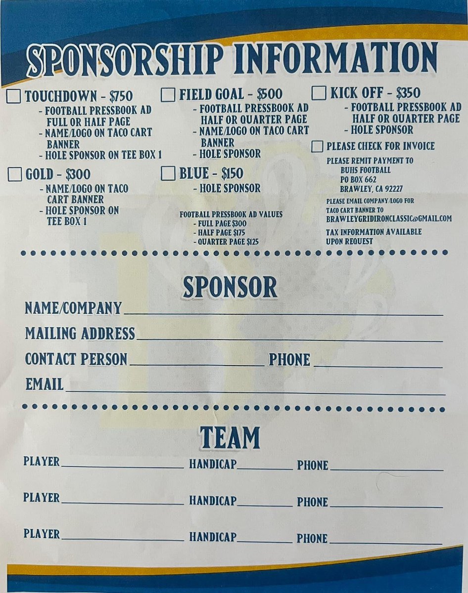 WildcatBrawley's tweet photo. Calling all golfers! Join us at the #BrawleyFootball #GridironClassic #golftournament on Saturday, May 21 #DelRioCountryClub in #Brawley! Sponsor, play or BOTH! @BrawleyUnionHS @BrawleyUHSD @BUHSAthletics @BUHSASB_ https://t.co/klcBfNBHx0