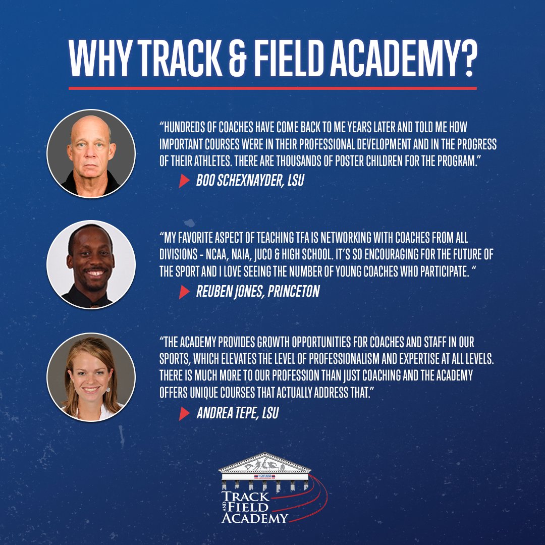 Why <a href="/TFA_Academy/">T&F Academy</a>?

Instructors <a href="/BooSchex/">Boo Schexnayder</a>, <a href="/reubenajones/">Reuben Jones</a> &amp; <a href="/tepeal/">Andrea Tepe</a> share their thoughts on the matter.

You can learn more about Track &amp; Field Academy and the upcoming offerings RIGHT HERE.

web2.ustfccca.org/tfa/
