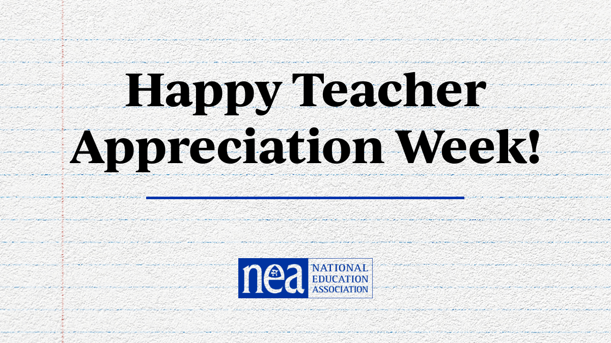 NEAToday's tweet photo. Happy Teacher Appreciation Week! We are so excited to celebrate educators for all they do for our students and communities. Learn about all the ways you can show your appreciation here: https://t.co/DovHJbklJ4 #WeHearYou #ThankATeacher https://t.co/JTOB7qBvWE