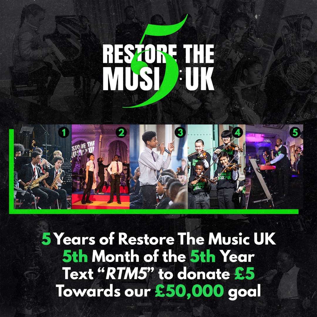 RTMusicUK's tweet image. To celebrate 5 years of Restoring The Music, we are asking for your help!

In the 5th month of RTM’s 5th year, you can now donate £5 by texting ‘RTM’ to 70145. With a target of £50k, we’re hoping to help MORE schools deliver music education to MORE students! 🎺

Donate now 🎶💚