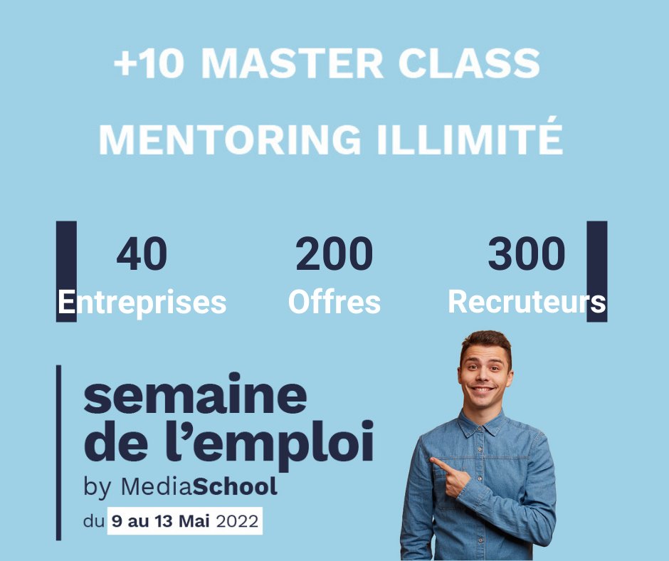 📣 La Semaine de l'Emploi by MediaSchool c'est parti !
🔍 Mentoring, masterclass, coaching et pleins d'offres en ligne (Stage, Alternance, CDI, CDD).
📆 Ça se passe du 9 au 13 mai, 100% en ligne.

Les inscriptions sont déjà ouvertes, rejoins nous vite 👉  bit.ly/MSGSDE