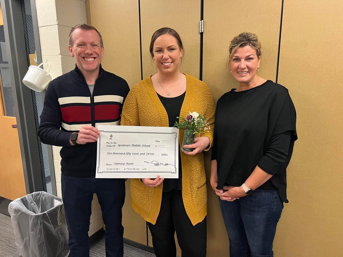 SycamoreSEF's tweet image. Congratulations to Erin Moll, Special Education Teacher at Sycamore Middle School, on receiving $1,057 in grant funding to create a calming room in her classroom. The calming room will allow a student to regulate in a safe space.  Thanks to our SEF donors! #SycamoreStrong