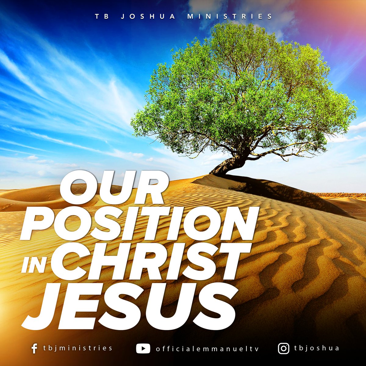 SCOANTBJoshua's tweet image. OUR POSITION IN CHRIST JESUS

1. Isaiah 53:5-6 says, “But He was wounded for our transgressions, He was bruised for our iniquities; The chastisement for our peace was upon Him, and by His stripes, we are healed. 

#tbjoshua #emmanueltv #scoan