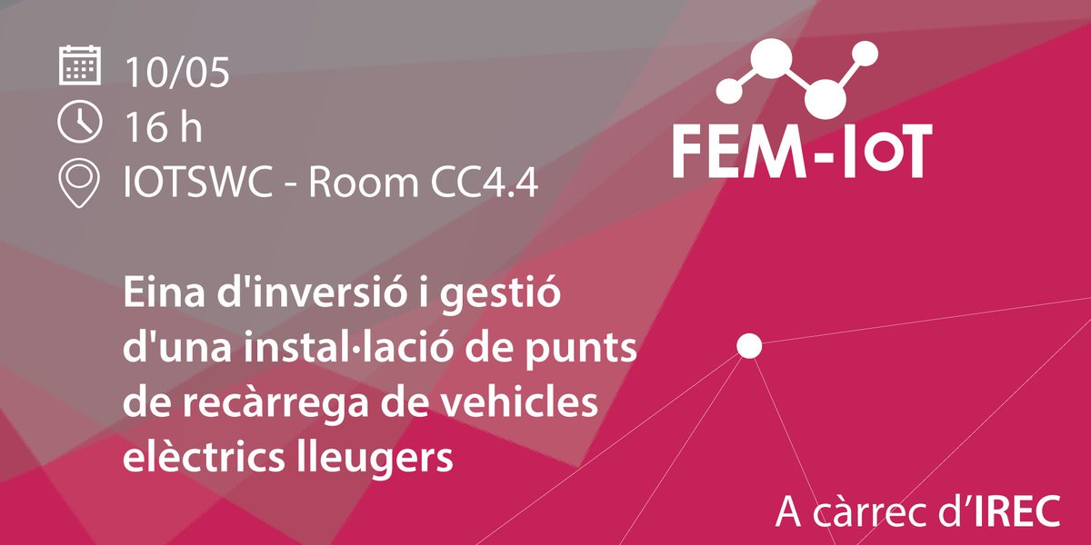 IREC (@irec_energia) on Twitter photo 🔌 L’<a href="/IREC_Energia/">IREC</a> presentarà una eina d'inversió i gestió d'una instal·lació de punts de recàrrega de vehicles elèctrics lleugers #FEMIoT #FEDERrecerca <a href="/FonsUECat/">Fons europeus a Catalunya</a>
🗓️ 10/05
🕐 16 h
📍 <a href="/IOTSWC/">IOT Solutions World Congress</a> Room CC4.4
#IRECevents #IRECprojects 🔌 L’<a href="/IREC_Energia/">IREC</a> presentarà una eina d'inversió i gestió d'una instal·lació de punts de recàrrega de vehicles elèctrics lleugers #FEMIoT #FEDERrecerca <a href="/FonsUECat/">Fons europeus a Catalunya</a>
🗓️ 10/05
🕐 16 h
📍 <a href="/IOTSWC/">IOT Solutions World Congress</a> Room CC4.4
#IRECevents #IRECprojects