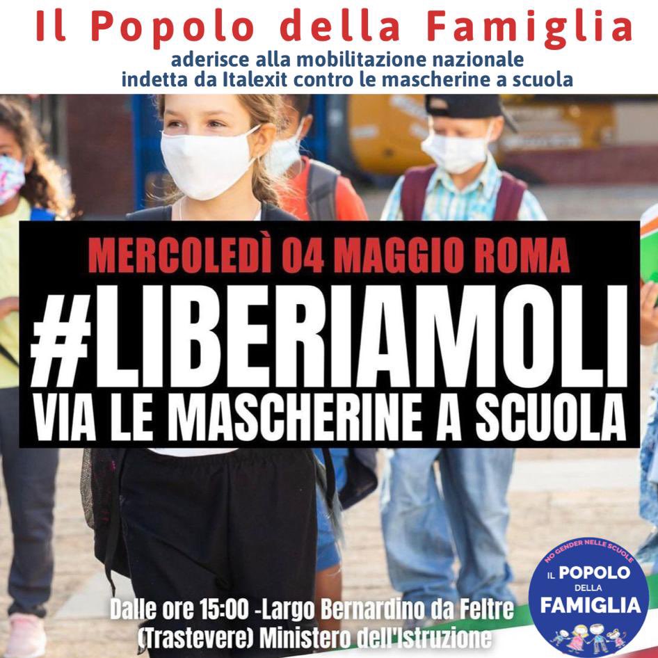 Guardo Clara tornare a casa a 11 anni tutti i giorni massacrata da 7 ore di mascherina in volto da tenere a scuola. Norma totalmente irrazionale visto che nessun adulto deve indossarla nella vita normale. Lo Stato vessatore ci porta ad aderire alla manif del 4 maggio di Italexit.