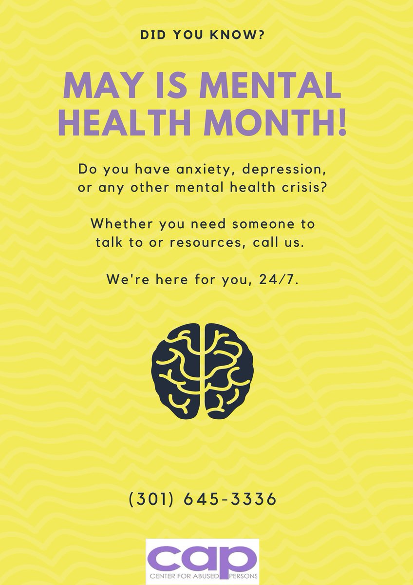 CAP_Charles's tweet photo. May is Mental Health Awareness Month! Did you know that CAP operates Charles County's 24/7 Crisis Hotline? You can call us 24/7. Break the stigma and talk about it. #CAPCares https://t.co/DI4FHN6qjo