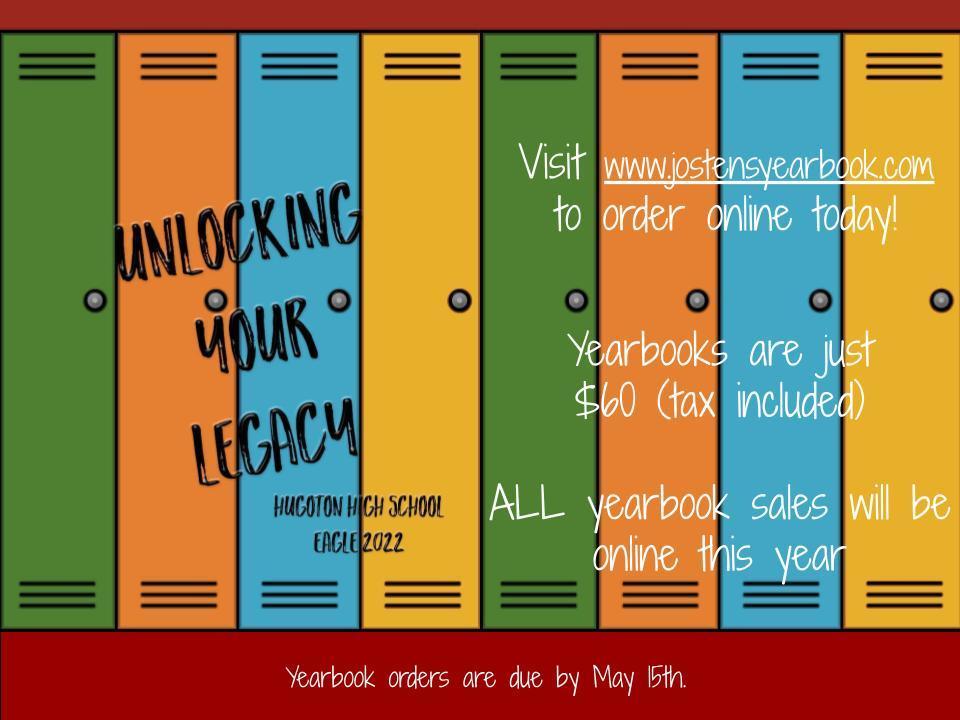 High school yearbooks are still on sale! Visit jostensyearbook.com, search for Hugoton High School and order your 2022 book! Your total after tax is just $60! All sales are online again this year.
