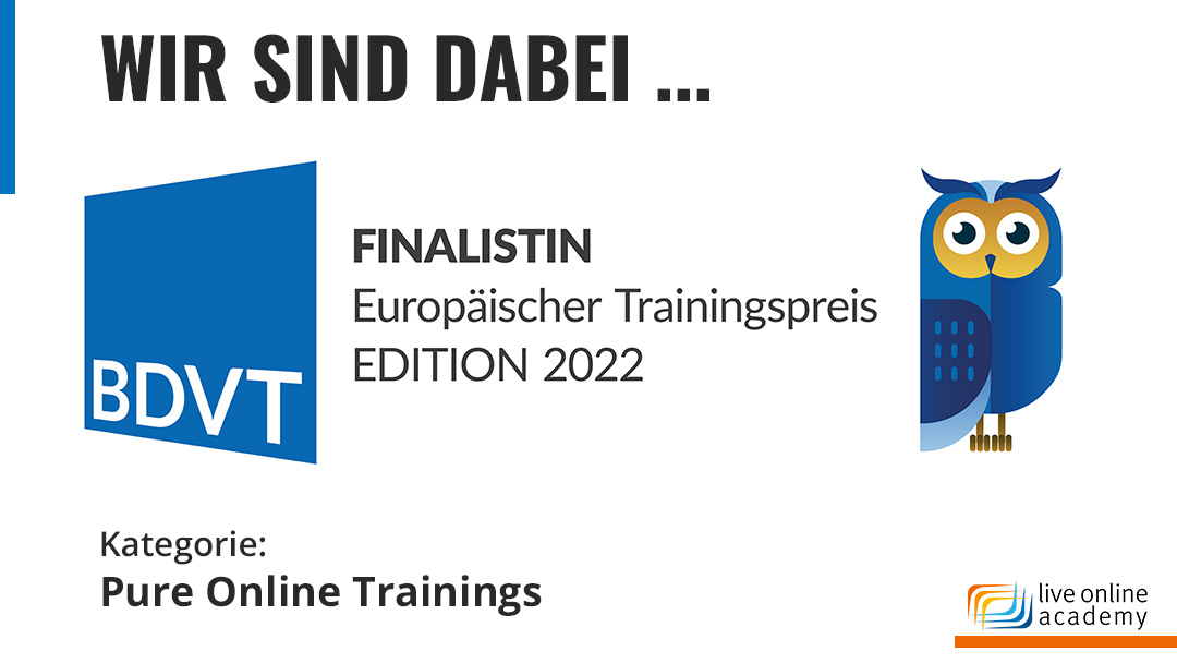 Erste Hürde genommen! Wir sind total stolz darauf, dass wir dieses Jahr in der Kategorie "Pure Online Training" mit unserem Projekt beim TÜV Rheinland im Finale sind. Jetzt heißt es Daumen drücken für den Pitch am 24.05.2022

#liveonline #training #trainthetrainer #bdvt
