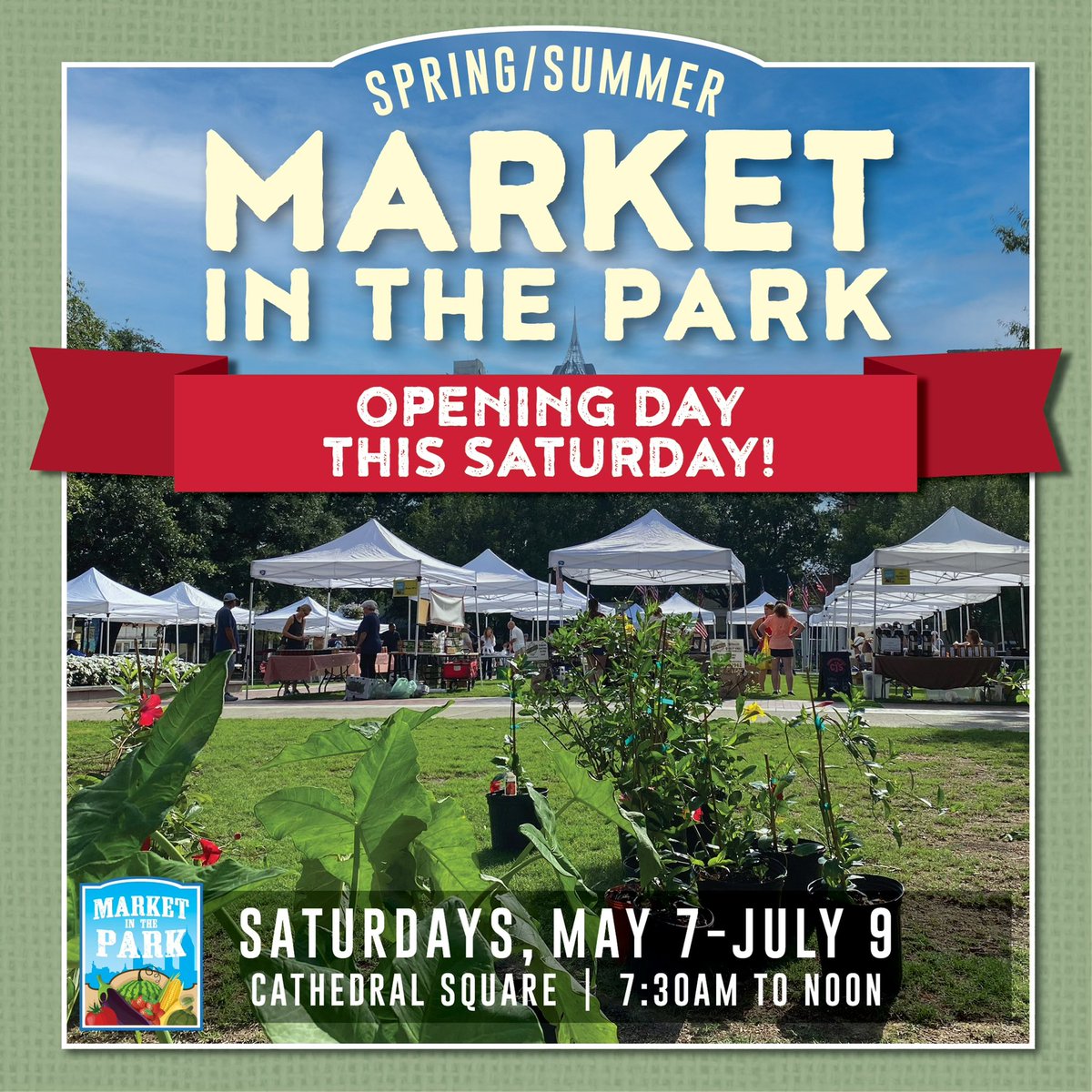 We are less than a week away from Opening Day of the 2022 spring/summer season of Market in the Park! 
Fresh and local produce, seafood, baked goods, jams/jellies, local honey, original art and so much more.
Make plans to join us this Saturday in Cathedral Square from 7:30am-noon