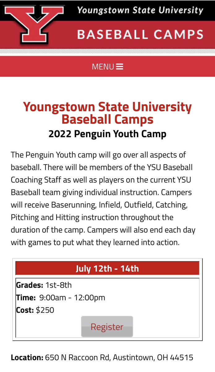 ‼️YSU baseball has a handful of events planned as we move into the summer season starting with our first Penguin Youth Camp‼️

Details can be found here 👇
penguinsbaseballcamps.com/index.cfm