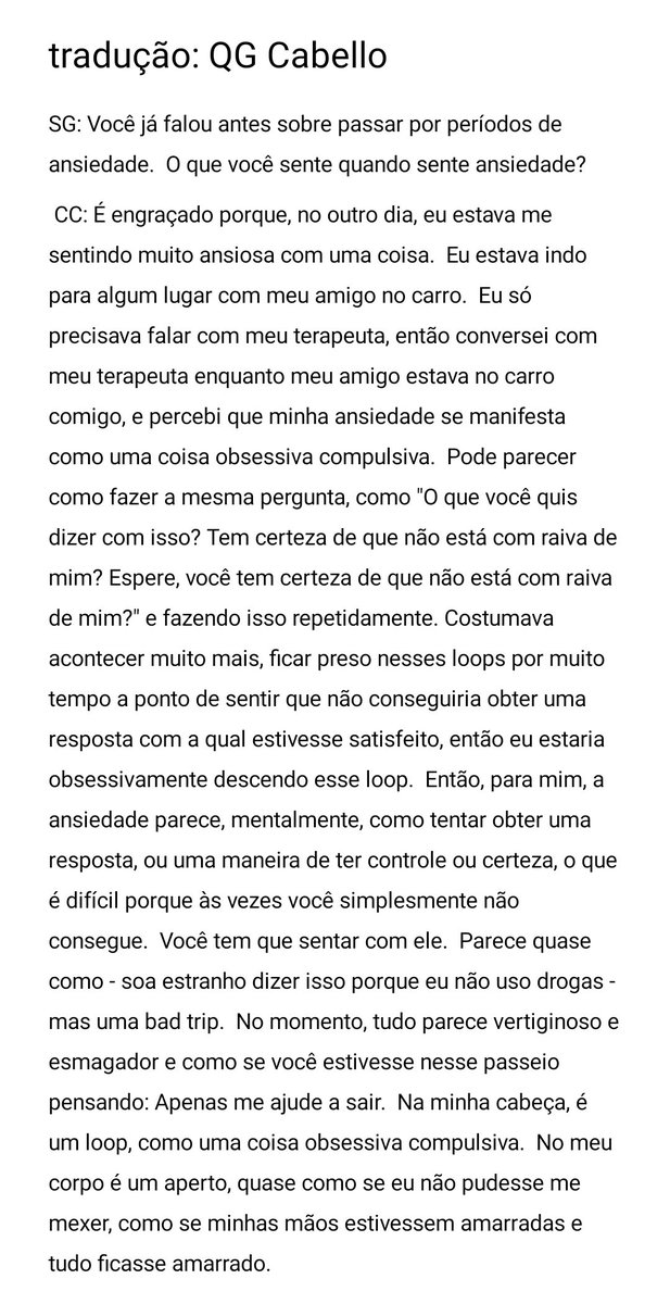 💬 • Entrevista da Camila com Selena Gomez para @letswondermind. Pt 3 'Então, para mim, a ansiedade parece, mentalmente, como tentar obter uma resposta, ou uma maneira de ter controle ou certeza, o que é difícil porque às vezes você simplesmente não consegue...'