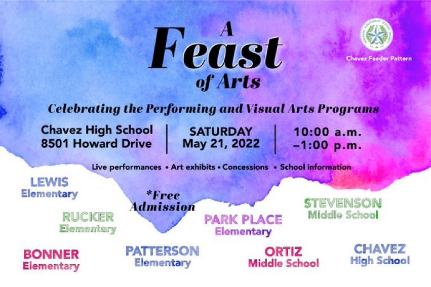 MisterGarza194's tweet photo. Join us Saturday, May 21 as we celebrate HISD's East Area Fine Arts Program! 'A Feast of Arts' combines @ChavezHS_HISD's feeder pattern schools together.
@lewiseshisd @BonnerElemHISD @parkplacees @PattersonESHISD @RuckerHISD @HISD_OrtizMS @WIStevensonMS #afeastofarts #teamisd https://t.co/wDKsf2RMyB