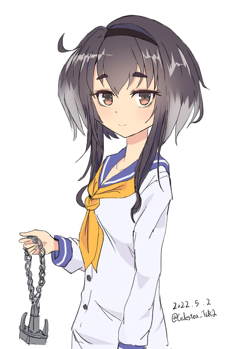 tokitsukaze (kancolle) 1girl solo short hair with long locks black hair anchor white background simple background  illustration images
