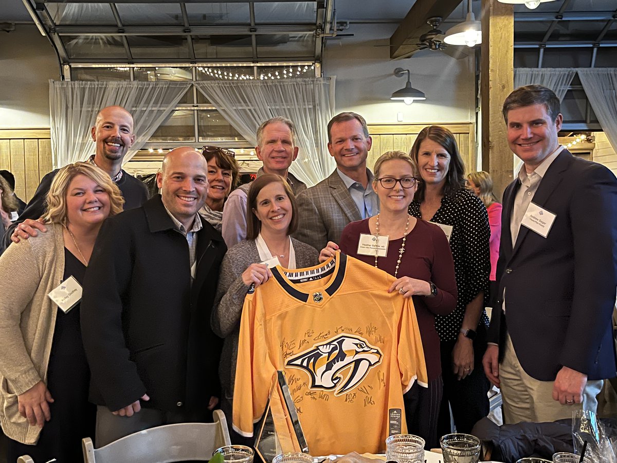 GreenHillsPeds's tweet photo. The @CPFNashville's annual meeting was last week. GHPA won the Most Valued Practice award, and our practice administrator, Michele, received a CPF Superstar award! Also, the doctors bid on and won the signed Nashville Predators jersey. We were honored to be a part of this event. https://t.co/czTOSZSuIR