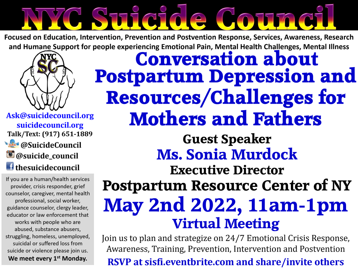 Join our 11am #NYC meeting on #PostPartumDepression and Resources/Challenges for Mathers/Fathers with guest speaker Ms. Sonia Murdock, Executive Director of Postpartum Resource Center of NY hosted by chairman Mr. <a href="/BrettAScudder/">Brett A. Scudder-President, Chairman, CEO</a>. Engage, network, share resources #TheSuicideNetwork