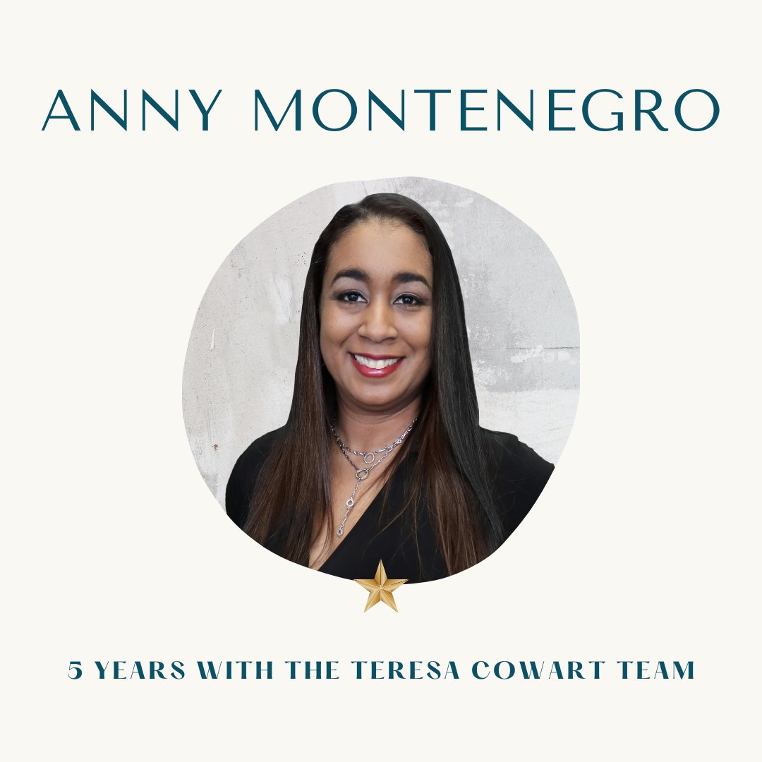 Please help us congratulate our stellar agent, Anny Montenegro, on her 5 year anniversary with the #teresacowartteam! We are very grateful to have you on our team! 🏠🌟